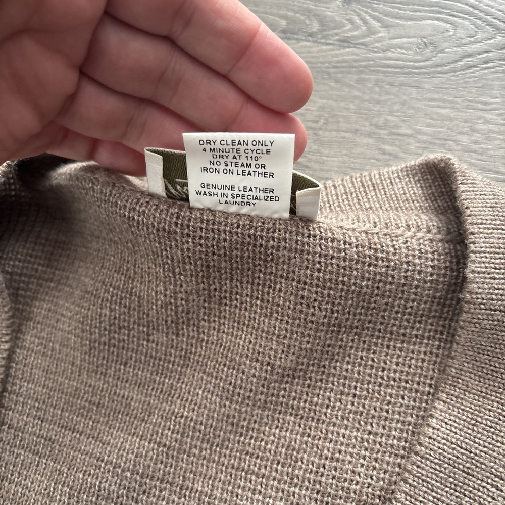 VTG Norm Thompson Mens L Cosby Leather Wool Cable Knit Cardigan Sweater Italy - Picture 9 of 16